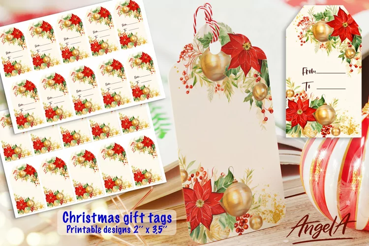Merry Christmas printable tags, poinsettia, gift tags