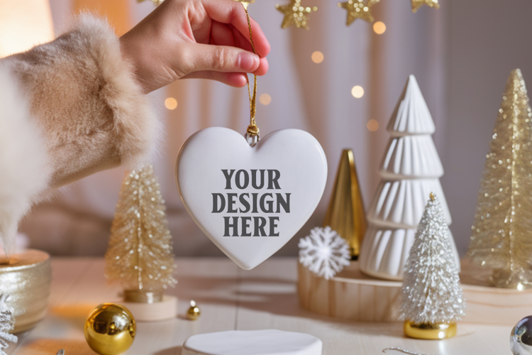 Romantic Christmas Ceramic Heart Ornament Mockup | Holiday