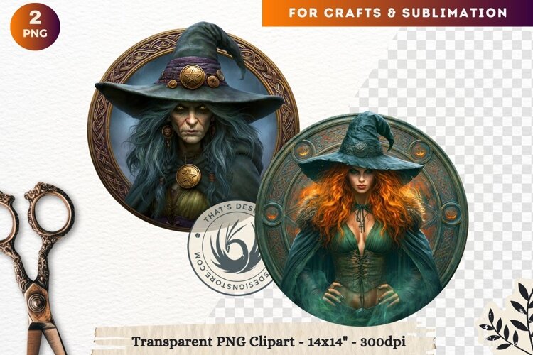 Dark Fantasy Halloween Witches Medallion Clipart sublimation example image 1