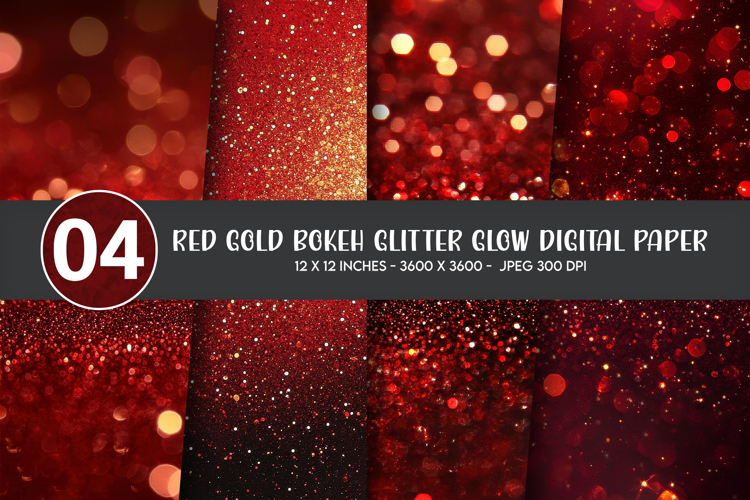 Red Gold Bokeh Glitter Glow Digital Paper example image 1