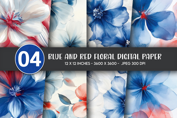 Blue and Red Floral Digital Paper