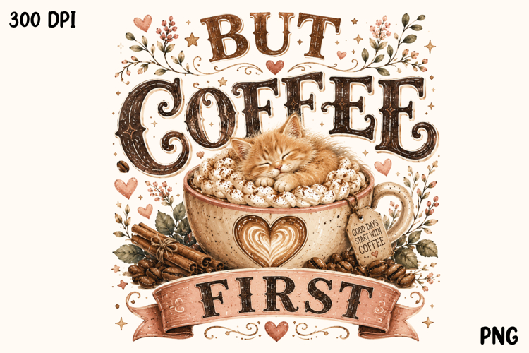But Coffee First Cute Sleeping Cat Coffee Lover PNG