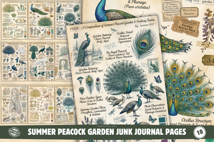 Summer Peacock Garden Junk Journal Pages
