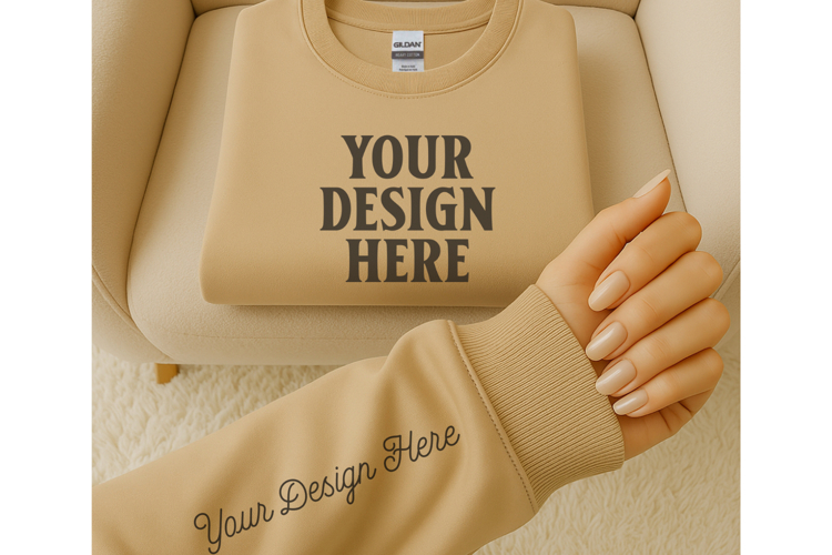 Gildan 18000 Sand Sleeve Sweatshirt Mockup | Cozy