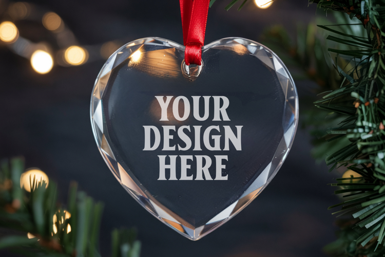 Christmas Heart Crystal Glass Ornament Mockup | Clear Heart