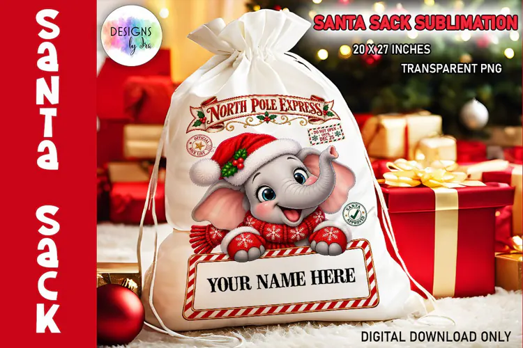 Christmas Elephant Santa Sack Sublimation PNG
