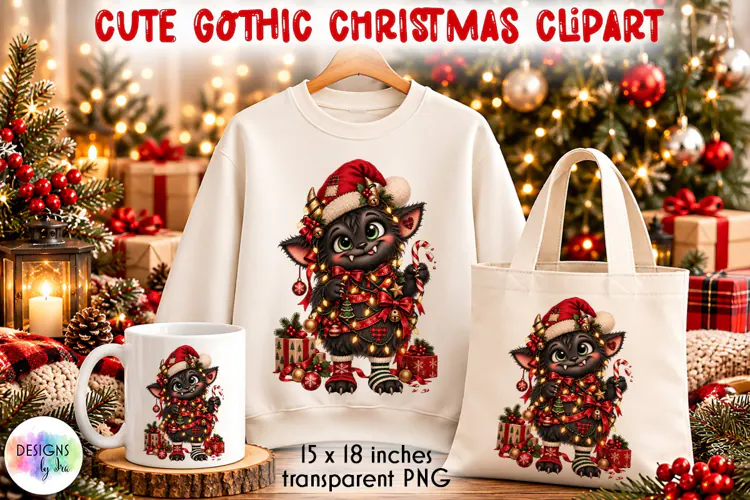 Cute Gothic Christmas Monster with Lights PNG