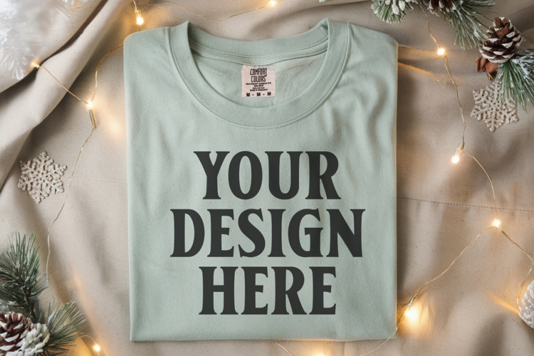 Seafoam Comfort Colors 1717 Christmas Folded T-Shirt Mockup