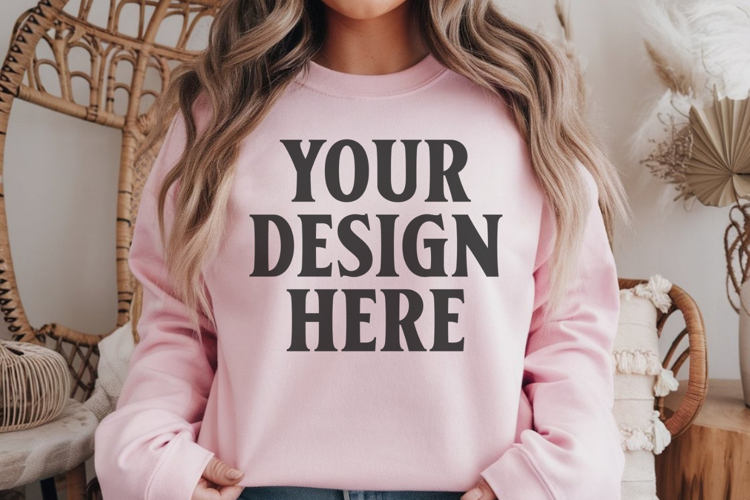 Gildan 18000 Light Pink Mockup , Crewneck Sweatshirt Boho