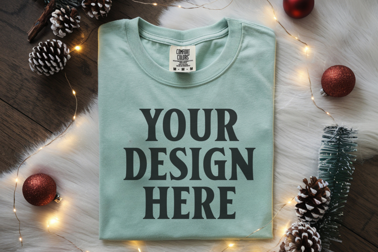 Seafoam Comfort Colors 1717 Christmas Folded T-Shirt Mockup