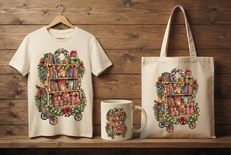 Vintage Christmas Book Cart Holiday Art Transparent PNG example image 1