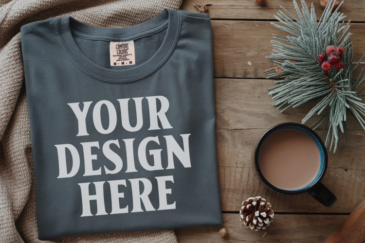 Slate Comfort Colors 1717 Christmas Folded T-Shirt Mockup