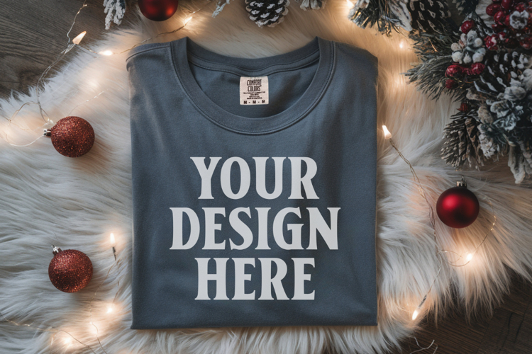 Slate Comfort Colors 1717 Christmas Folded T-Shirt Mockup