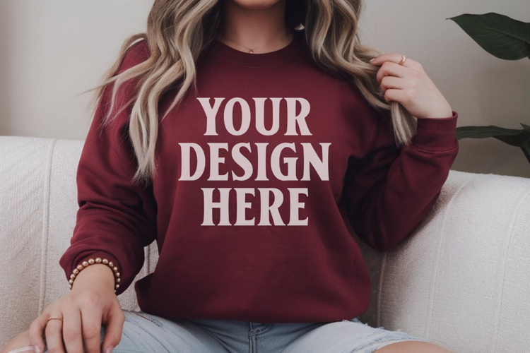 Gildan 18000 Maroon Mockup , Crewneck Sweatshirt Boho