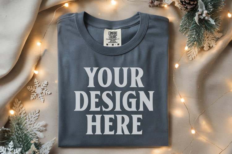 Slate Comfort Colors 1717 Christmas Folded T-Shirt Mockup