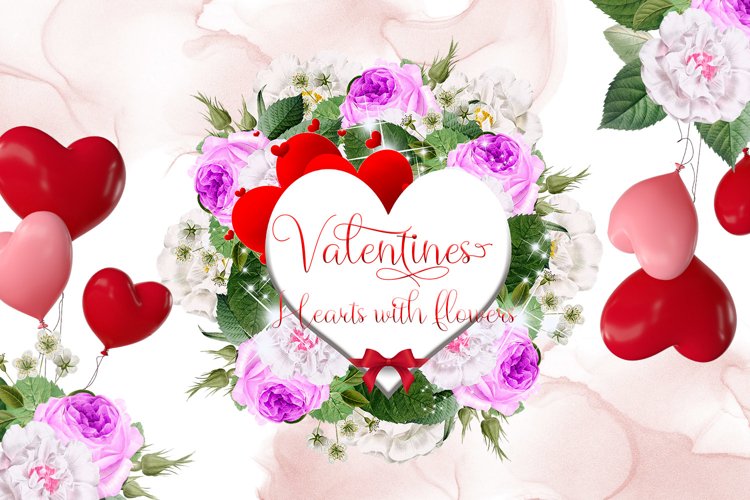 Valentines Hearts with Watercolor Flowers example image 1