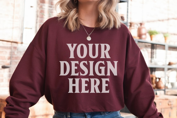 Gildan 18000 Maroon Mockup , Crewneck Sweatshirt Boho