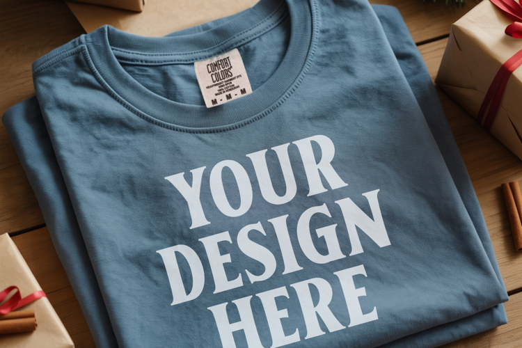 Slate Comfort Colors 1717 Christmas Folded T-Shirt Mockup