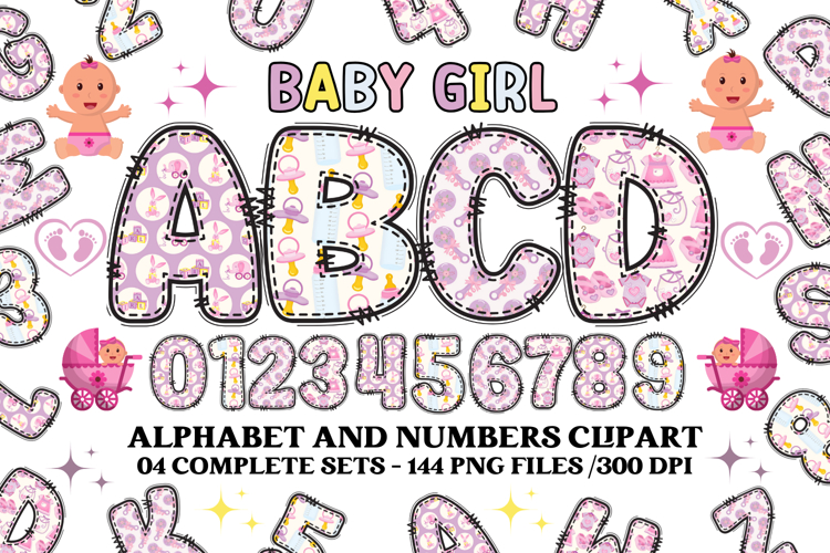 Baby Girl Alphabet, baby girl letters doodle, baby clipart
