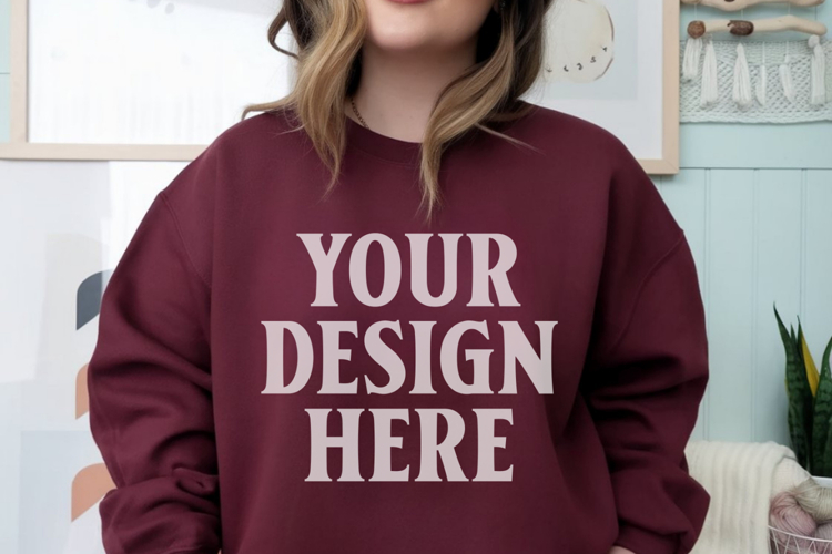Gildan 18000 Maroon Mockup , Crewneck Sweatshirt Boho