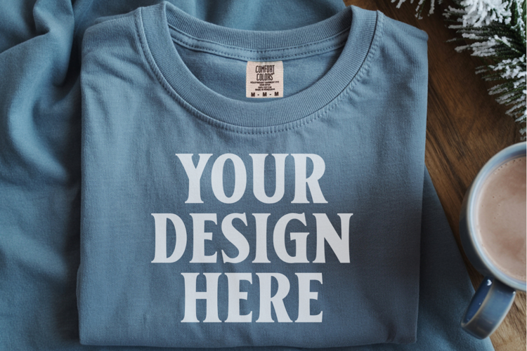 Slate Comfort Colors 1717 Christmas Folded T-Shirt Mockup