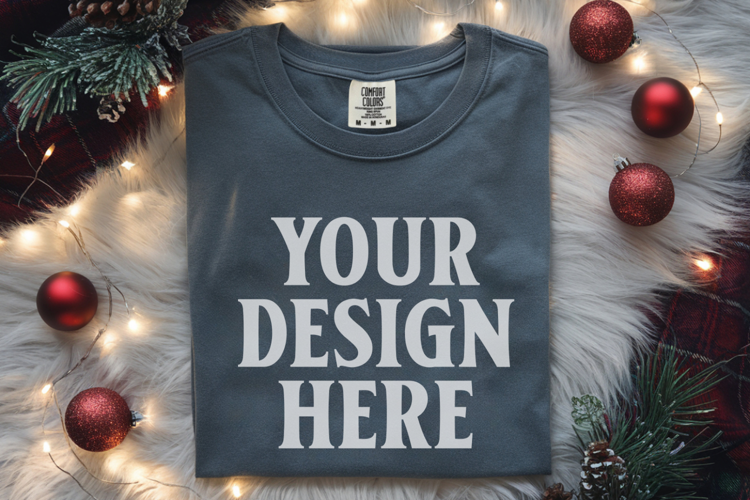 Slate Comfort Colors 1717 Christmas Folded T-Shirt Mockup
