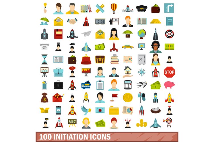 100 initiation icons set, flat style