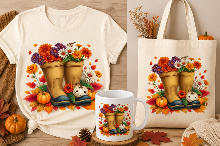 Fall Boots & Flowers PNG | Autumn Floral Pumpkin Clipart example image 1