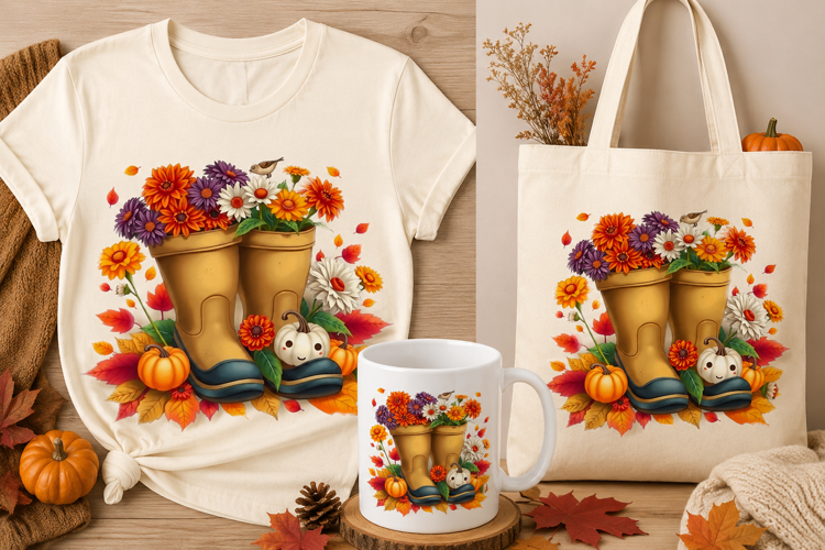 Fall Boots & Flowers PNG | Autumn Floral Pumpkin Clipart
