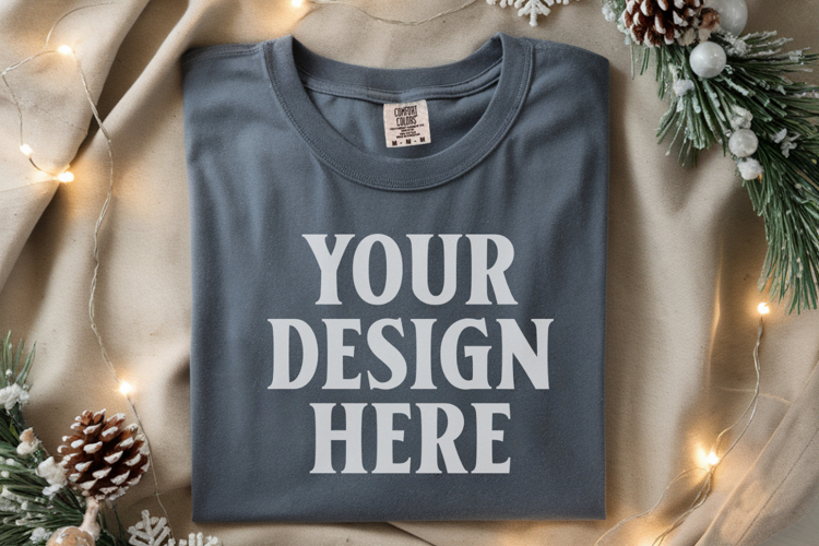 Slate Comfort Colors 1717 Christmas Folded T-Shirt Mockup