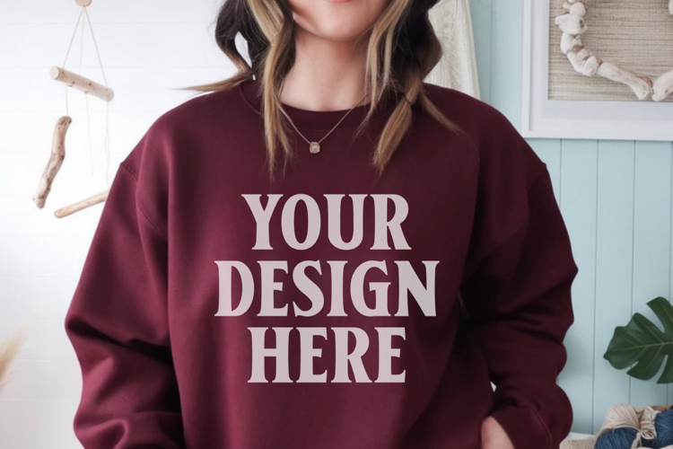 Gildan 18000 Maroon Mockup , Crewneck Sweatshirt Boho