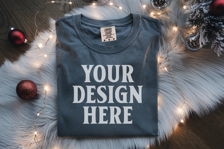 Slate Comfort Colors 1717 Christmas Folded T-Shirt Mockup