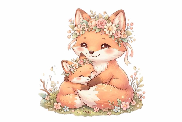 Adorable mama fox with baby fox