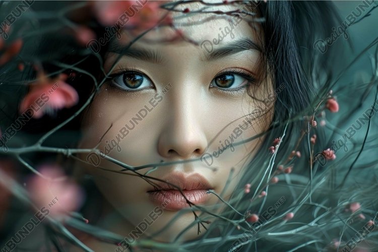 Close-up portrait of a contemplative woman with delicate blo