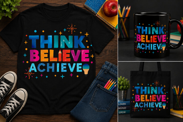 Think Believe Achieve PNG, Motivational Teacher School Desig example image 1