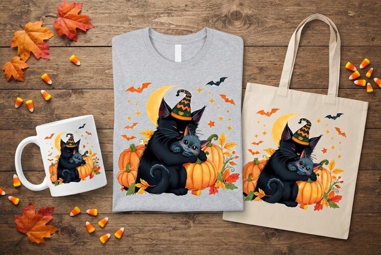 Halloween Black Cat & Kitten PNG | Witch Hat Pumpkin Clipart example image 1