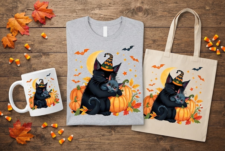 Halloween Black Cat & Kitten PNG | Witch Hat Pumpkin Clipart