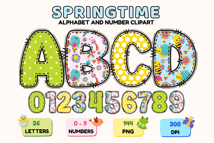 Springtime Alphabet png, letters doodle, springtime clipart