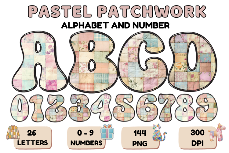 Pastel Patchwork Alphabet Numbers PNG Doodle Letters Clipart