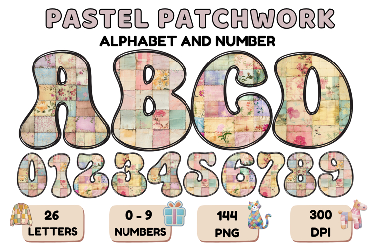 Pastel Patchwork Alphabet Numbers PNG Doodle Letters Clipart