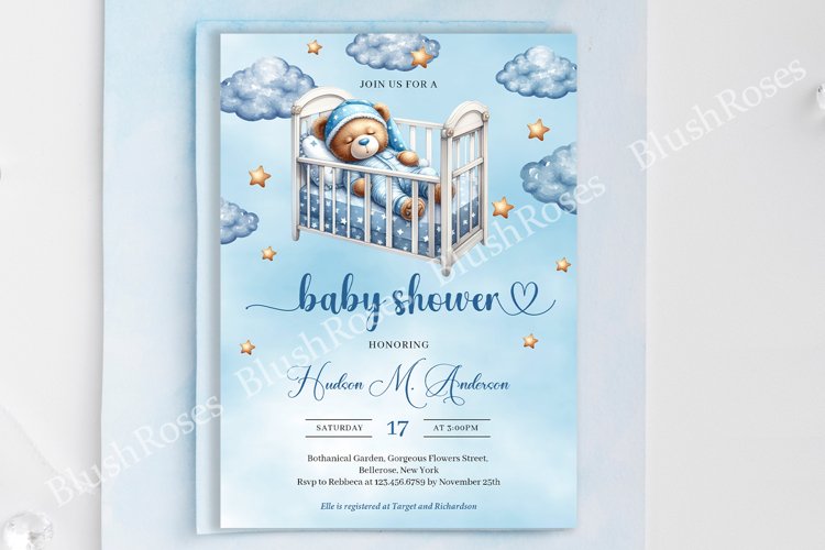 Watercolor Teddy bear sleeping in baby crib Invite ZB28 example image 1