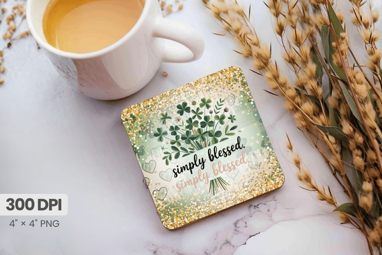 Simply Blessed Shamrock Floral Square Coaster PNG Sublimatio