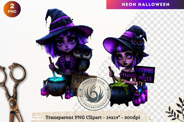 Neon Halloween Character Clipart Spooky Kawaii witch PNG