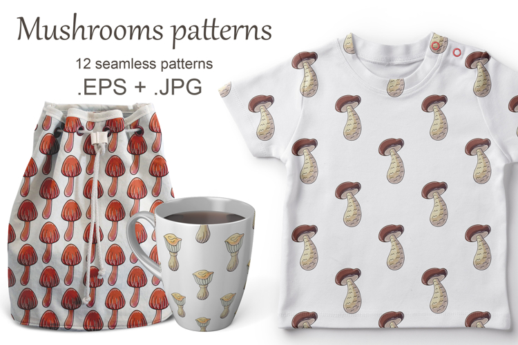 Mushrooms. Illustration in hand draw style. Seamless pattern