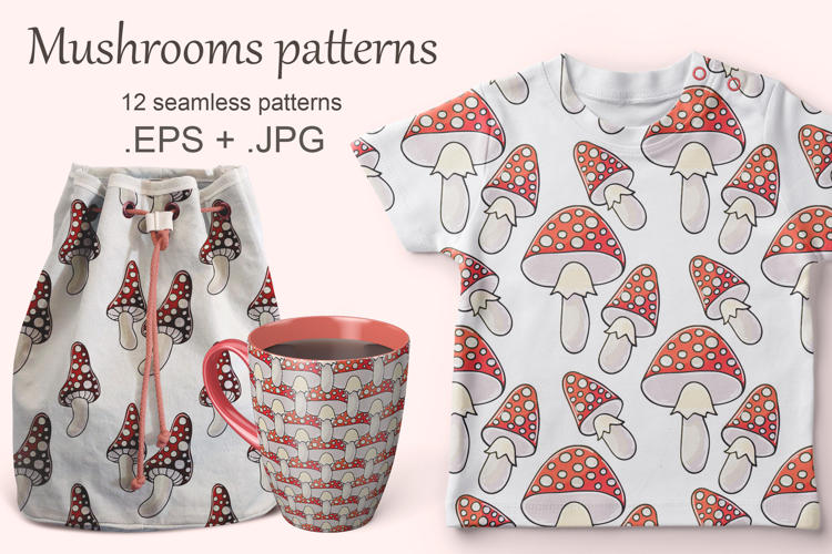 Seamless pattern for kitchen, restaurant or shop. Amanitas