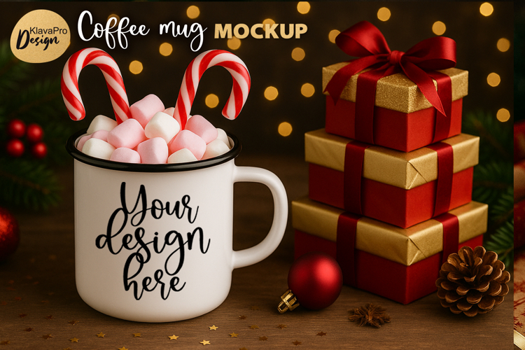 Vintage Christmas Mug Mockup | Holiday Enamel Cup with Gifts