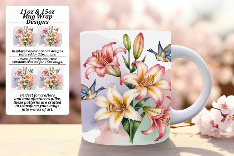 Customized 15oz Mug Wrap Png Design , Birds