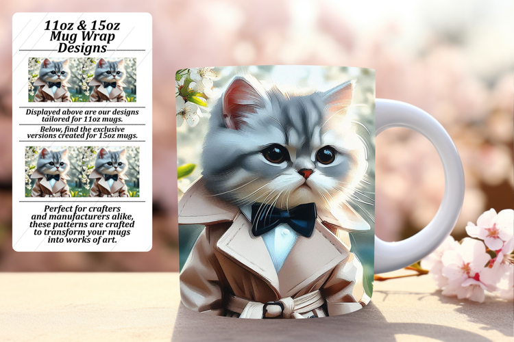 Gift 15oz Mug Wrap Png Design , Cute Cat