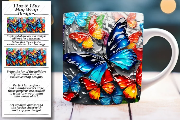 Colorful 3D Butterfly Magic: Glossy Mug Wrap 11oz 15oz