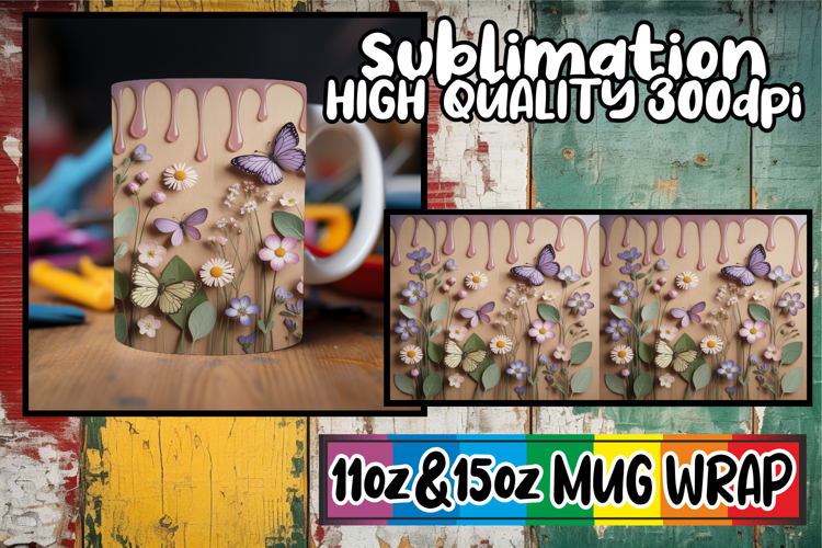 Luminous vibes sublimation mug wrap, 3D Flowers